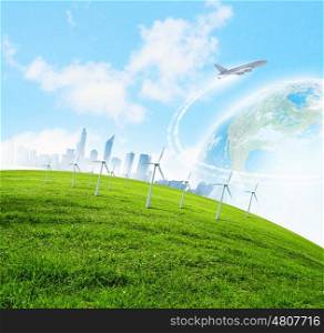 Ecology concept. City on island floating in water. Global warming. Elements of this image are furnished by NASA