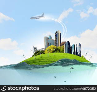 Ecology concept. City on island floating in water. Global warming