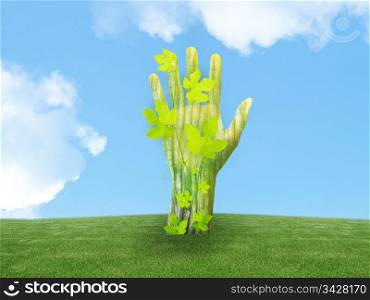 ecology concept. ecology concept, Green hand out of land as a tree with leaf.