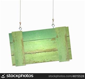 Ecology concept. Image of wooden hanging blank banner. Place for text