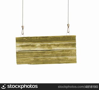 Ecology concept. Image of wooden hanging blank banner. Place for text