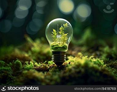 Ecology concept. Light bulb with green plant inside on moss background