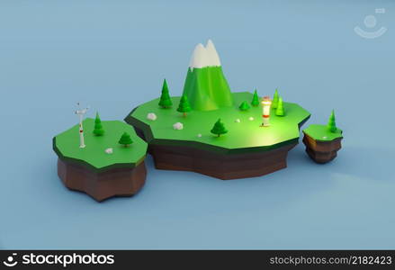 Ecology concept renewable sources clean energy in 3d low poly style. Floating island wind turbine. Mountain and trees. 3d render illustration.