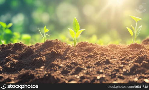 Ecology Concept  Seedlings Growing in Rich Soil Towards Morning Sunlight. Generative AI.