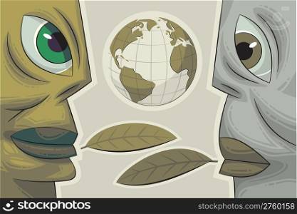 Ecology concept. Two faces - green and grey. Green Earth and green leaves