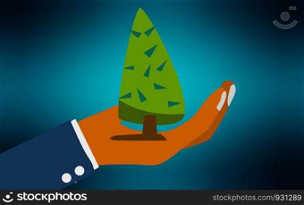 Ecology concept with hand holding tree , 3D rendering