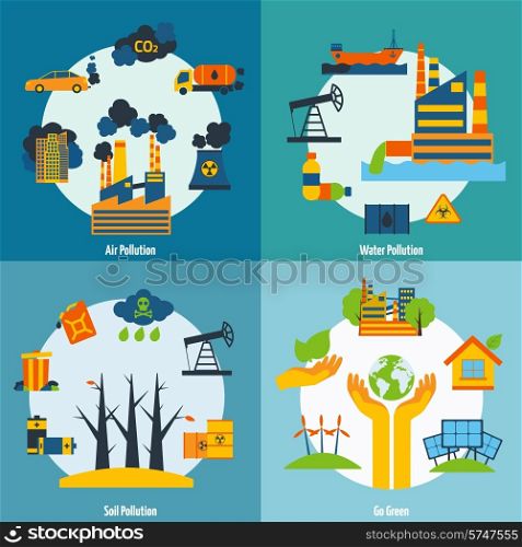Ecology design concept set with air water and soil pollution flat icons isolated vector illustration