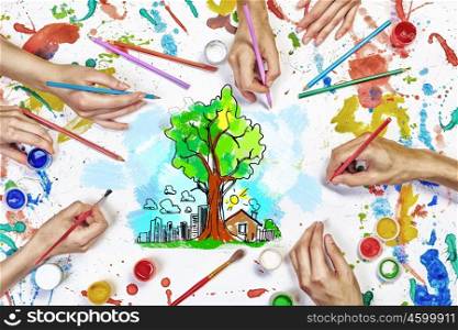 Ecology green concept. Top view of hands drawing eco green life concept