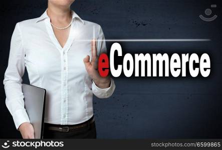 Ecommerce touchscreen is shown by businesswoman.. Ecommerce touchscreen is shown by businesswoman