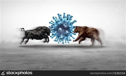 Economic And Pandemic Outbreak and Stock market virus fear or bull and bear economy crisis and sick financial health as a business recession concept with 3D illustration elements.