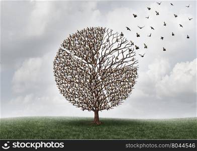 Economic business market shift or global investing concept as a tree with birds perched on branches shaped as a financial diagram of a pie chart with a portion flying away with 3D illustration elements.