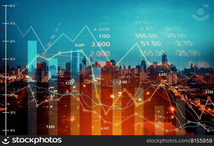 Economic crisis concept shown by declining graphs and digital indicators overlap modernistic city background. Double exposure.. Declining graphs and digital indicators overlap modernistic city background.