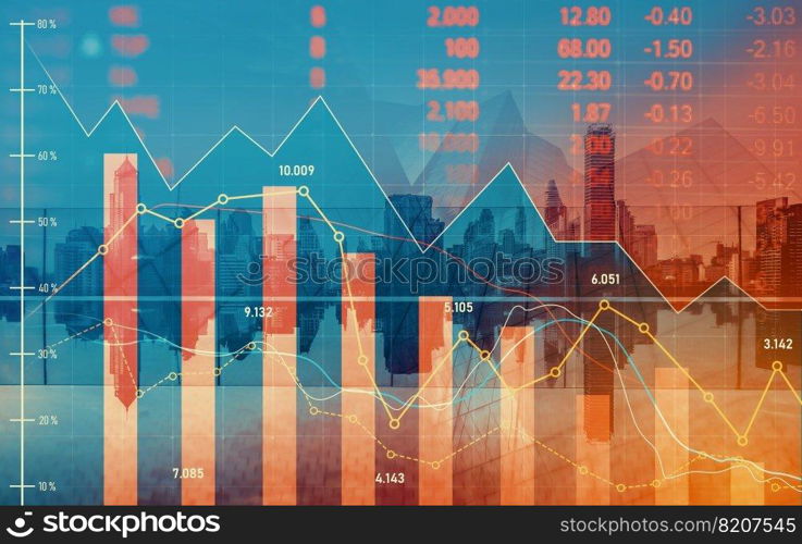 Economic crisis concept shown by declining graphs and digital indicators overlap modernistic city background. Double exposure.. Declining graphs and digital indicators overlap modernistic city background.