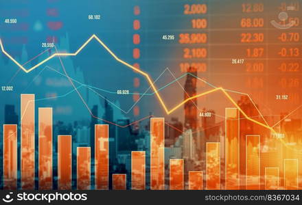 Economic crisis concept shown by declining graphs and digital indicators overlap modernistic city background. Double exposure.. Declining graphs and digital indicators overlap modernistic city background.