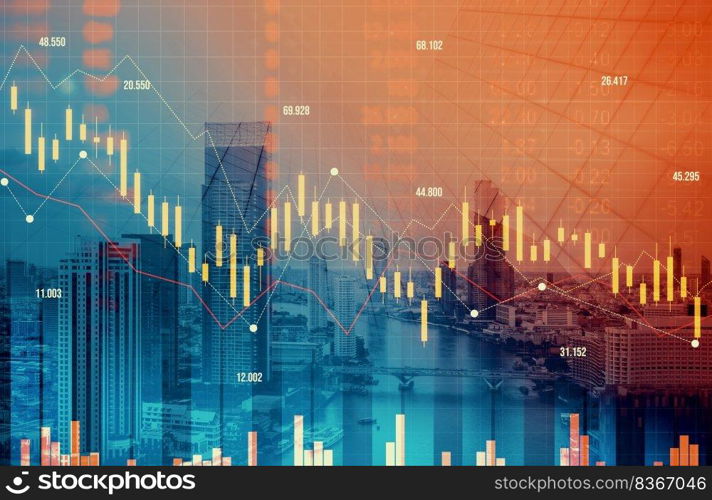 Economic crisis concept shown by declining graphs and digital indicators overlap modernistic city background. Double exposure.. Declining graphs and digital indicators overlap modernistic city background.