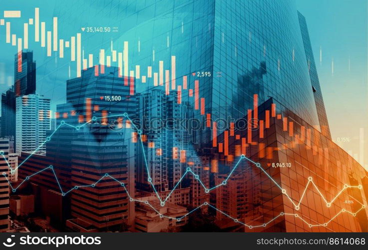 Economic crisis concept shown by declining graphs and digital indicators overlap modernistic city background. Double exposure.. Declining graphs and digital indicators overlap modernistic city background.