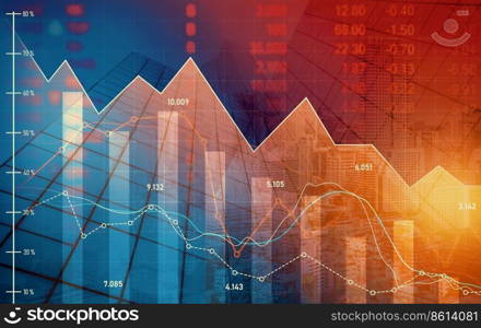 Economic crisis concept shown by declining graphs and digital indicators overlap modernistic city background. Double exposure.. Declining graphs and digital indicators overlap modernistic city background.