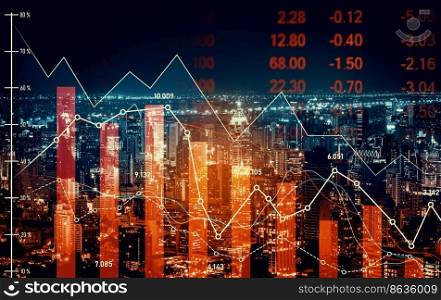 Economic crisis concept shown by declining graphs and digital indicators overlap modernistic city background. Double exposure.. Declining graphs and digital indicators overlap modernistic city background.