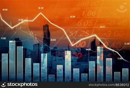 Economic crisis concept shown by declining graphs and digital indicators overlap modernistic city background. Doub≤exposure.. Declining graphs and digital indicators overlap modernistic city background.