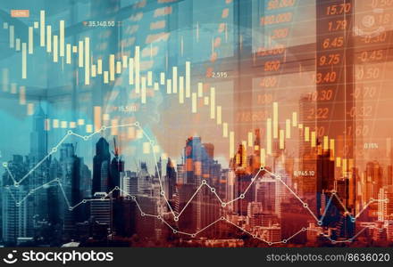 Economic crisis concept shown by declining graphs and digital indicators overlap modernistic city background. Double exposure.. Declining graphs and digital indicators overlap modernistic city background.