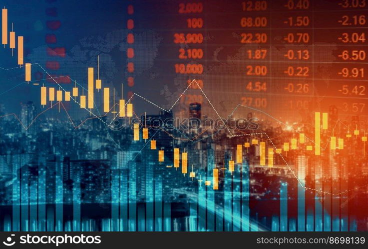 Economic crisis concept shown by declining graphs and digital indicators overlap modernistic city background. Double exposure.. Declining graphs and digital indicators overlap modernistic city background.