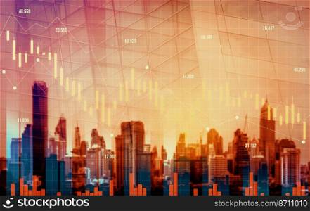 Economic crisis concept shown by declining graphs and digital indicators overlap modernistic city background. Double exposure.. Declining graphs and digital indicators overlap modernistic city background.