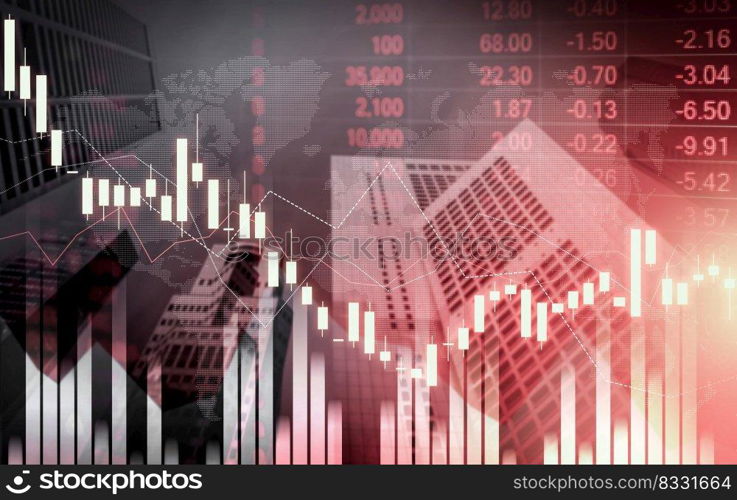 Economic crisis concept shown by digital indicators and graphs falling down with modernistic urban, city area. Double exposure. Stock market crash concept.. Economic crisis concept graphs falling down with modernistic urban, city area.