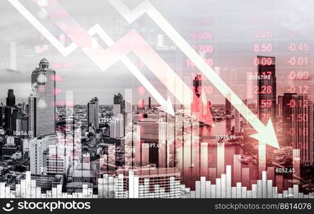 Economic crisis concept shown by digital indicators and graphs falling down with modernistic urban, city area. Doub≤exposure. Stock market crash concept.. Economic crisis concept graphs falling down with modernistic urban, city area.