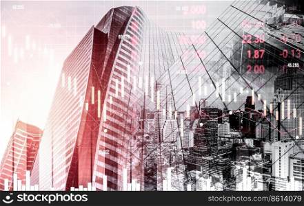 Economic crisis concept shown by digital indicators and graphs falling down with modernistic urban, city area. Doub≤exposure. Stock market crash concept.. Economic crisis concept graphs falling down with modernistic urban, city area.