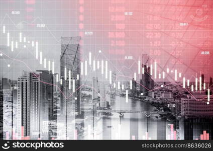 Economic crisis concept shown by digital indicators and graphs falling down with modernistic urban, city area. Double exposure. Stock market crash concept.. Economic crisis concept graphs falling down with modernistic urban, city area.