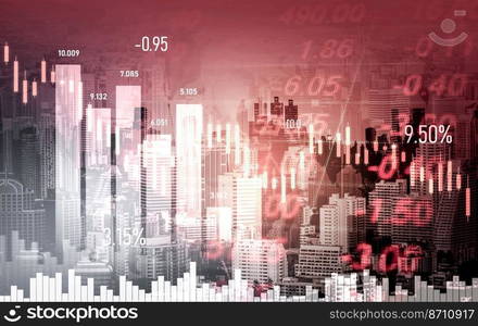 Economic crisis concept shown by digital indicators and graphs falling down with modernistic urban, city area. Double exposure. Stock market crash concept.. Economic crisis concept graphs falling down with modernistic urban, city area.