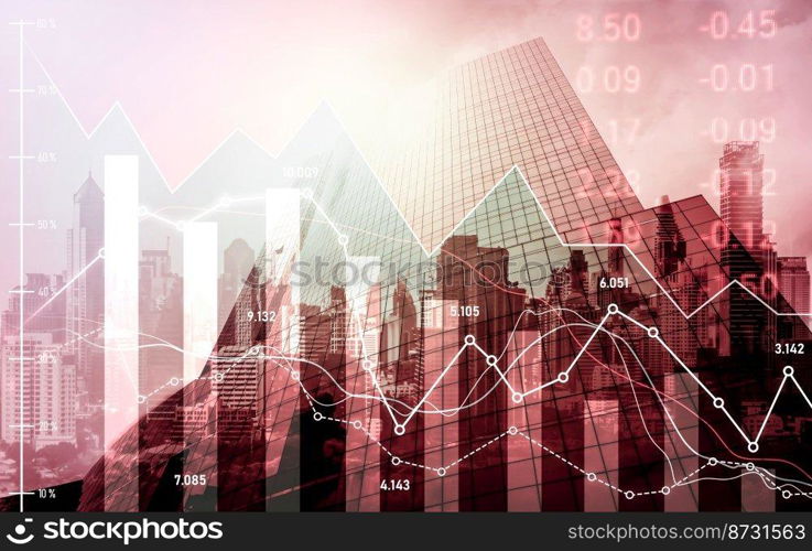 Economic crisis concept shown by digital indicators and graphs falling down with modernistic urban, city area. Double exposure. Stock market crash concept.. Economic crisis concept graphs falling down with modernistic urban, city area.