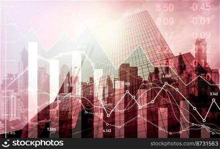 Economic crisis concept shown by digital indicators and graphs falling down with modernistic urban, city area. Double exposure. Stock market crash concept.. Economic crisis concept graphs falling down with modernistic urban, city area.