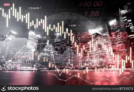 Economic crisis concept shown by digital indicators and graphs falling down with modernistic urban, city area. Double exposure. Stock market crash concept.. Economic crisis concept graphs falling down with modernistic urban, city area.