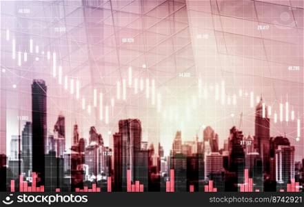 Economic crisis concept shown by digital indicators and graphs falling down with modernistic urban, city area. Double exposure. Stock market crash concept.. Economic crisis concept graphs falling down with modernistic urban, city area.