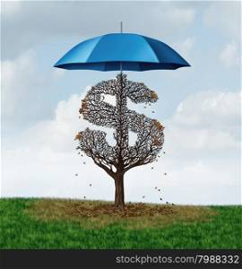 Economic protectionism policy and financial closed trade restrictions as a tree shaped as a money dollar sign losing leaves due to a security umbrella blocking needed sun and rain resulting in business damage and disadvantage.