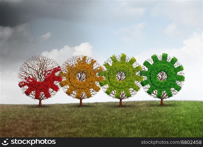 Economic recovery concept business growth metaphor as a group of recovering trees shaped as a gear or cog as a financial revitalization metaphor with 3D illustration elements.