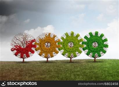Economic recovery concept business growth metaphor as a group of recovering trees shaped as a gear or cog as a financial revitalization metaphor with 3D illustration elements.