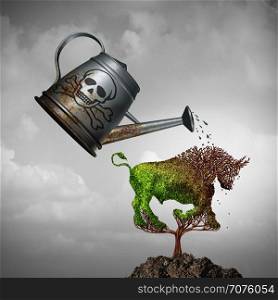 Economic toxic policy and killing a bullish market or harming the economy as a poison water can poisoning a tree shaped as a bull with 3D illustration elements.