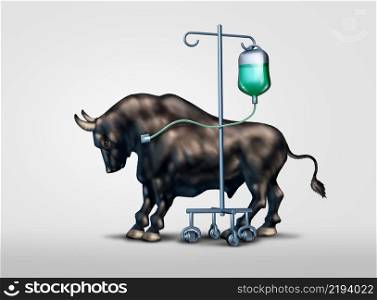Economic weakness concept and Bull market life support financial metaphor and stock market or weak economy attached to medical equipment as a finance and budgeting challenge idea with 3D illustration elements.
