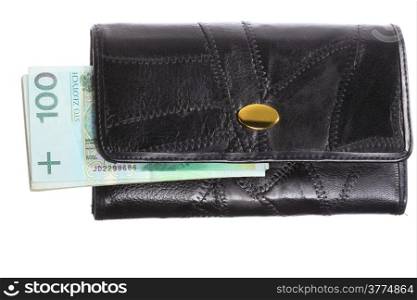 Economy and finance. Female black purse with money paper currency polish zloty banknote isolated on white background
