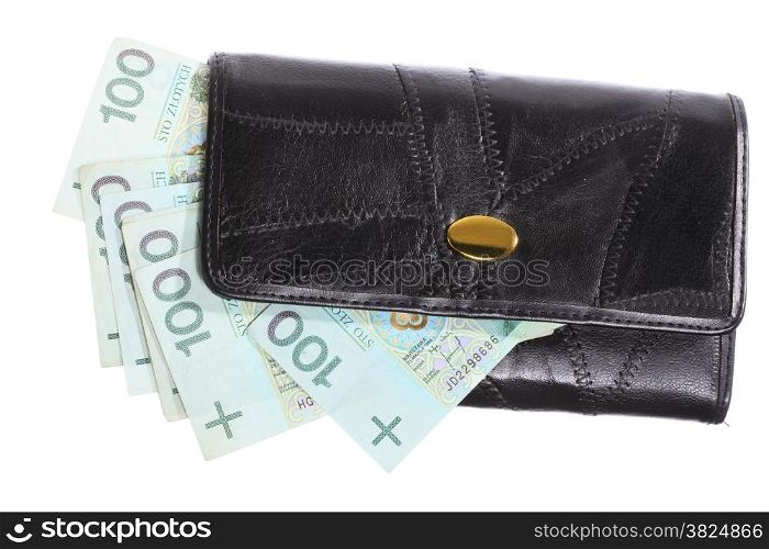 Economy and finance. Female black purse with money paper currency polish zloty banknote isolated on white background