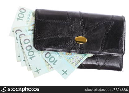 Economy and finance. Female black purse with money paper currency polish zloty banknote isolated on white background