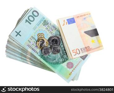 Economy and finance. Money coins paper currency polish and euro banknotes isolated on white background