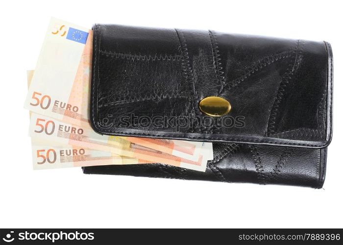 Economy and finance. Purse with money paper currency euro banknote isolated on white background