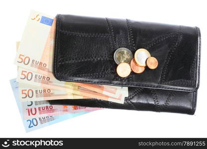 Economy and finance. Purse with money paper currency euro banknote isolated on white background