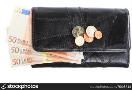 Economy and finance. Purse with money paper currency euro banknote isolated on white background