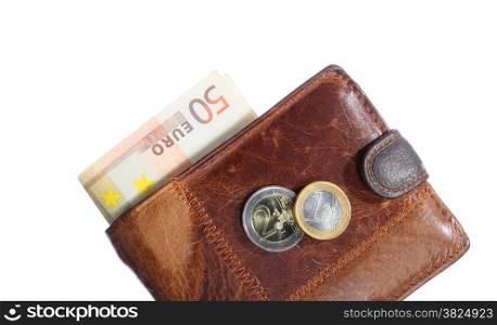 Economy and finance. Wallet with money paper currency euro banknote isolated on white background