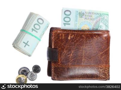 Economy and finance. Wallet with money paper currency polish zloty and roll of one hundred banknotes isolated on white background
