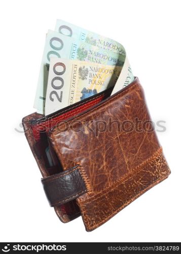 Economy and finance. Wallet with money paper currency polish zloty banknote isolated on white background